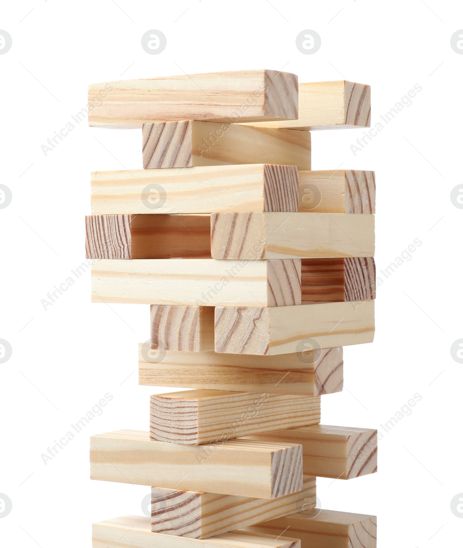 Photo of Jenga tower made of wooden blocks on white background