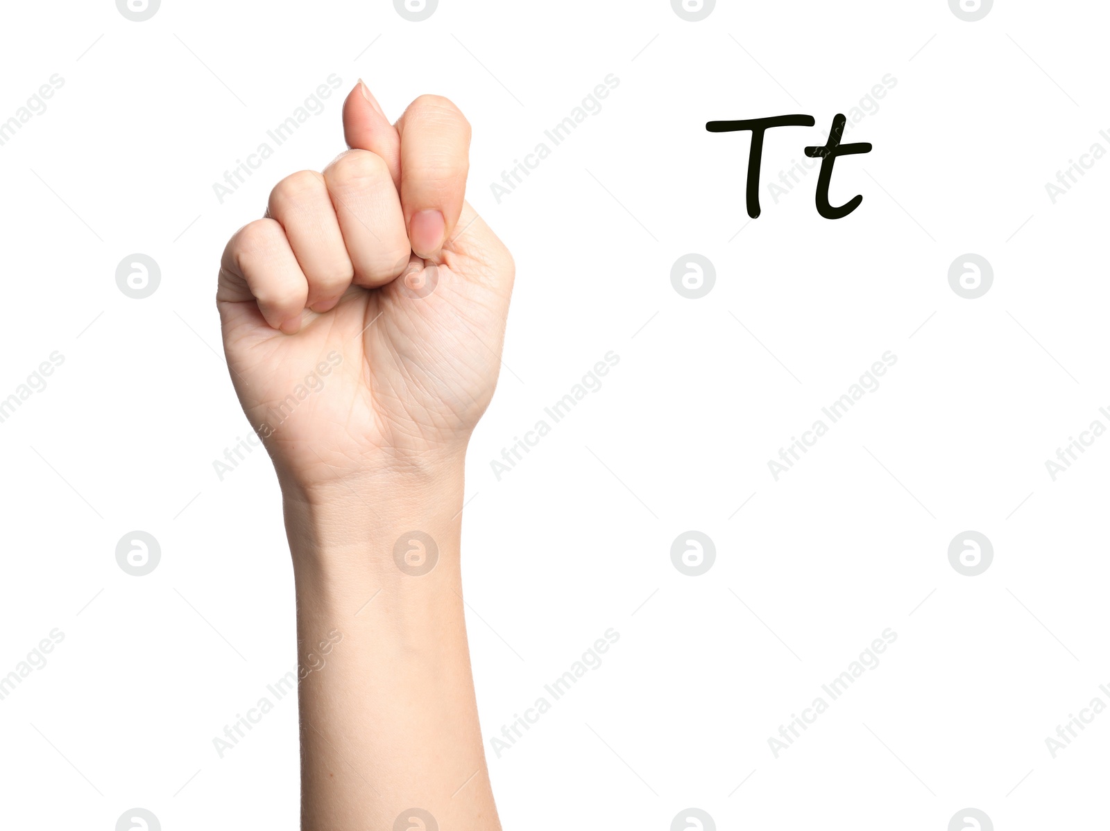Image of Woman showing letter T on white background, closeup. Sign language