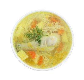 Photo of Delicious chicken broth in bowl isolated on white, top view