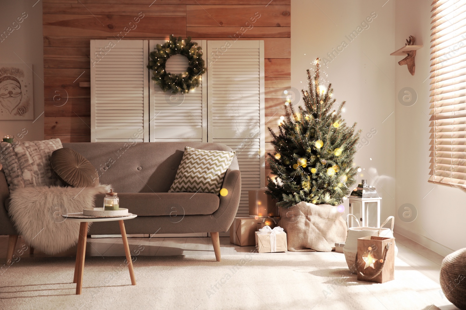 Image of Stylish living room with Christmas decorations. Festive interior design