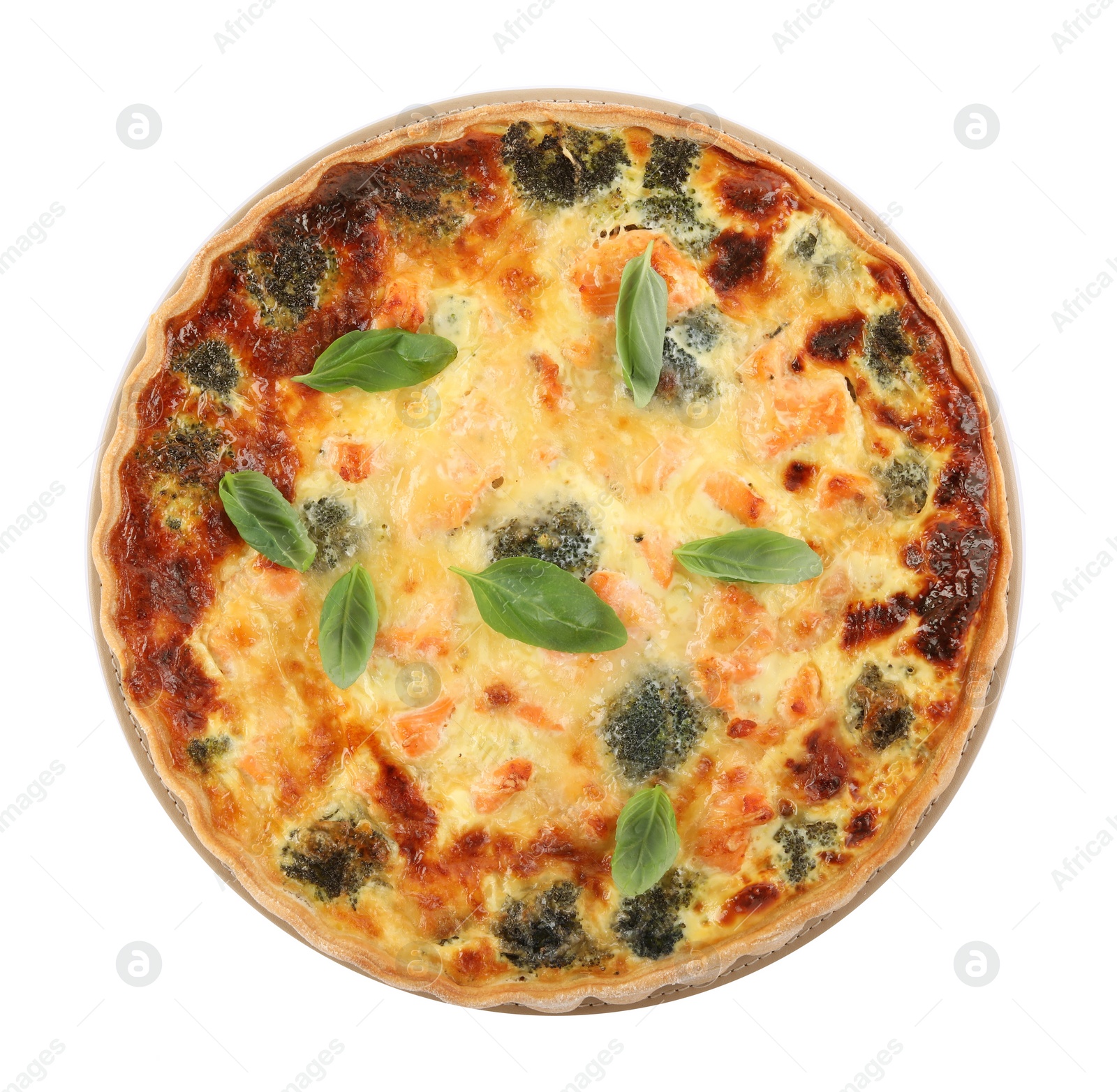 Photo of Delicious homemade quiche with salmon, broccoli and basil leaves isolated on white, top view