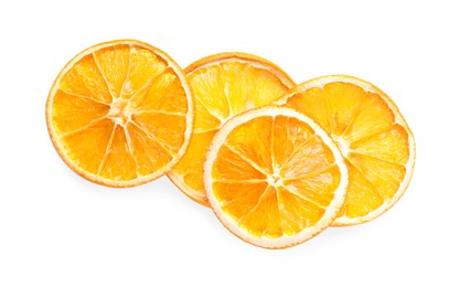 Photo of Delicious dry orange slices on white background, top view