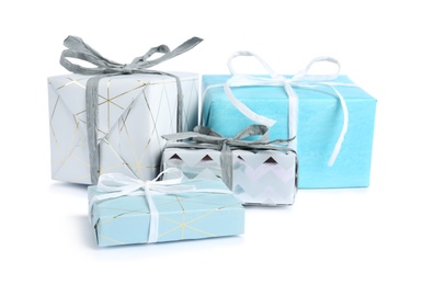 Heap of beautiful gift boxes on white background