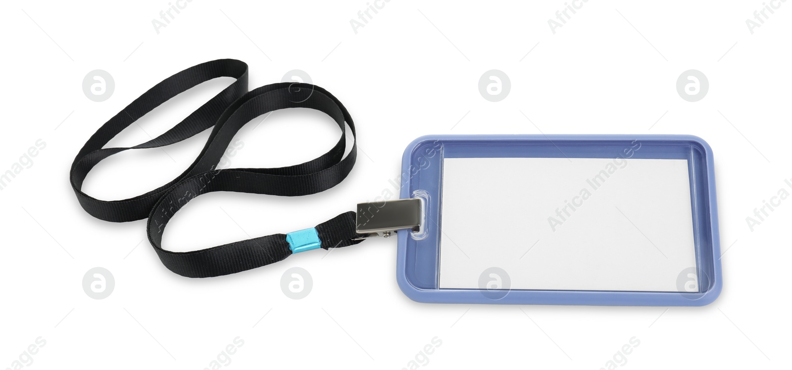 Photo of Blank blue badge with string isolated on white