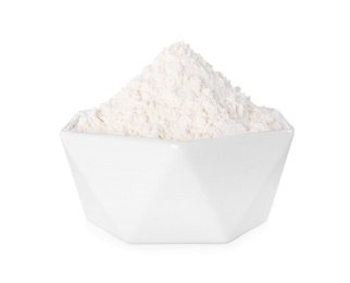 Bowl with fresh flour on white background