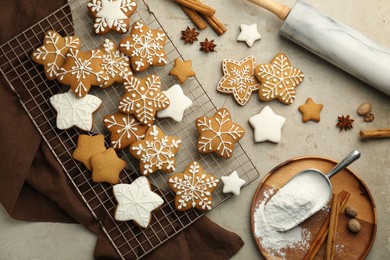 Photo of Flat lay composition with tasty Christmas cookies and spices on light table