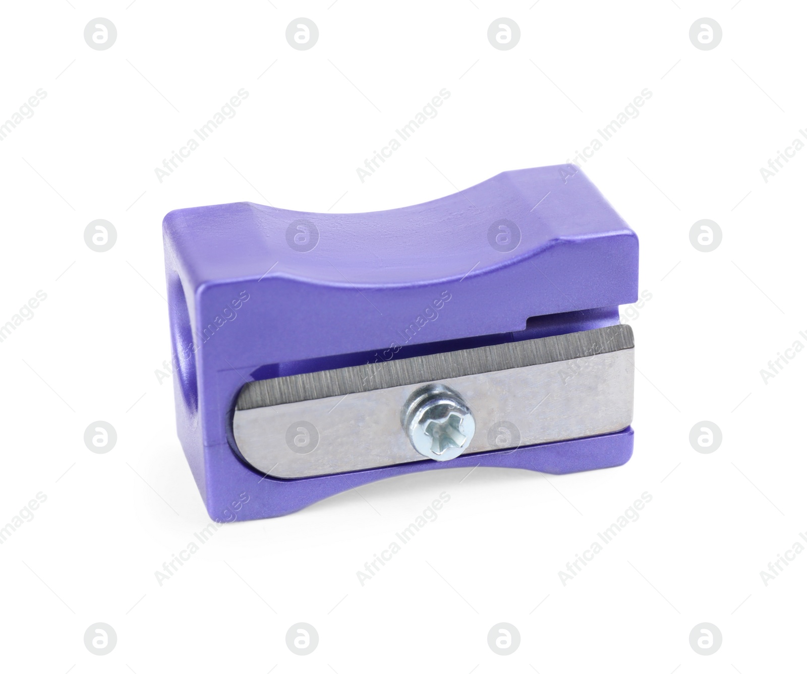 Photo of Plastic violet pencil sharpener isolated on white