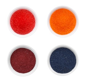 Image of Many different powdered food coloring in bowls isolated on white, top view