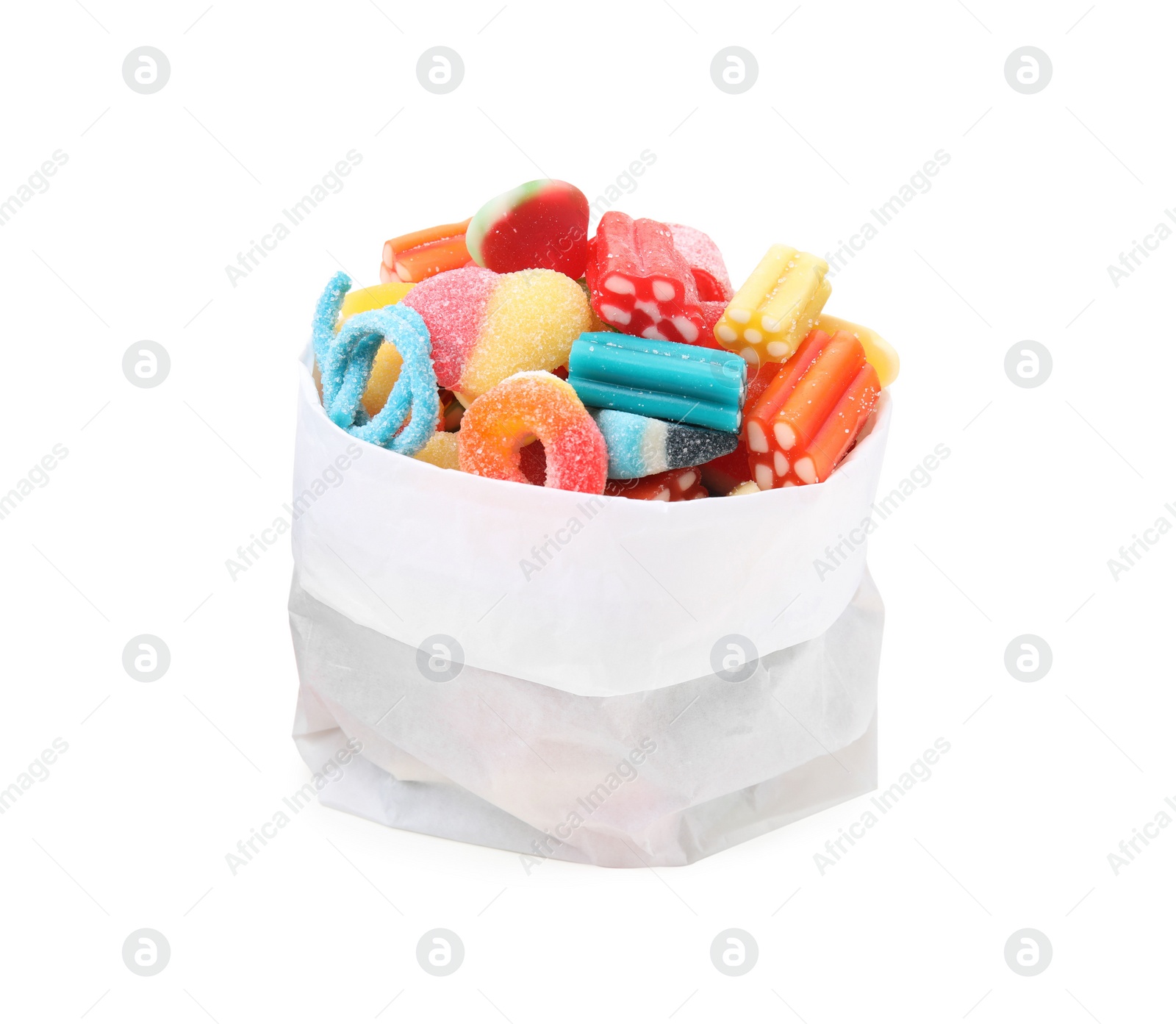 Photo of Paper bag of tasty colorful jelly candies on white background