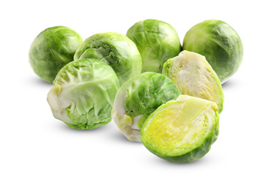 Fresh tasty Brussels sprouts on white background