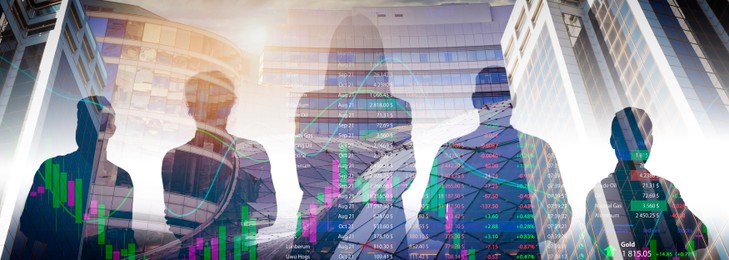 Image of Multiple exposure with silhouettes of businesspeople, graphs, data and buildings, banner design