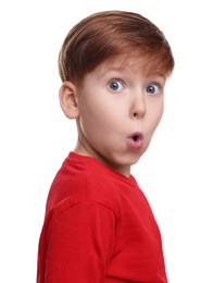 Portrait of surprised little boy on white background