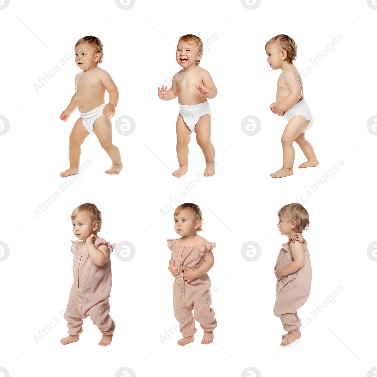 Image of Collage with photos of cute baby learning to walk on white background