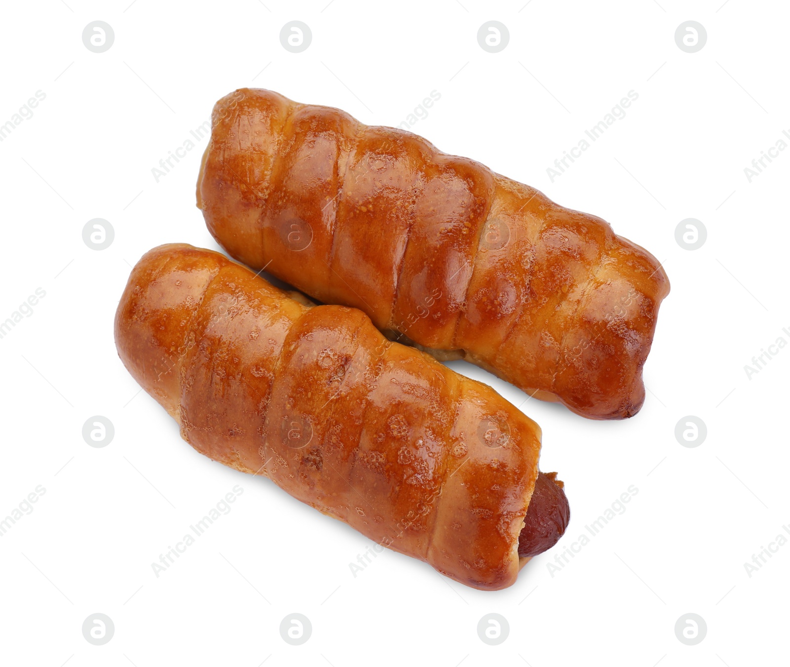 Photo of Delicious sausage rolls isolated on white, top view