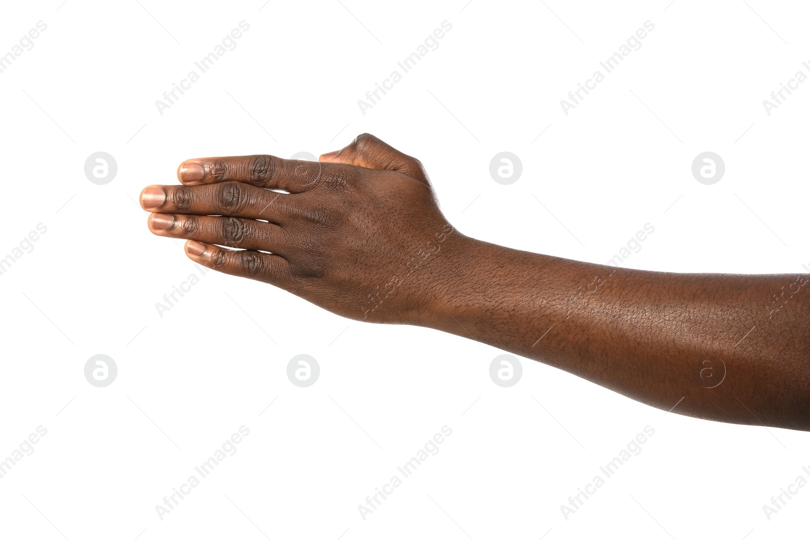 Photo of African-American man extending hand for shake on white background, closeup