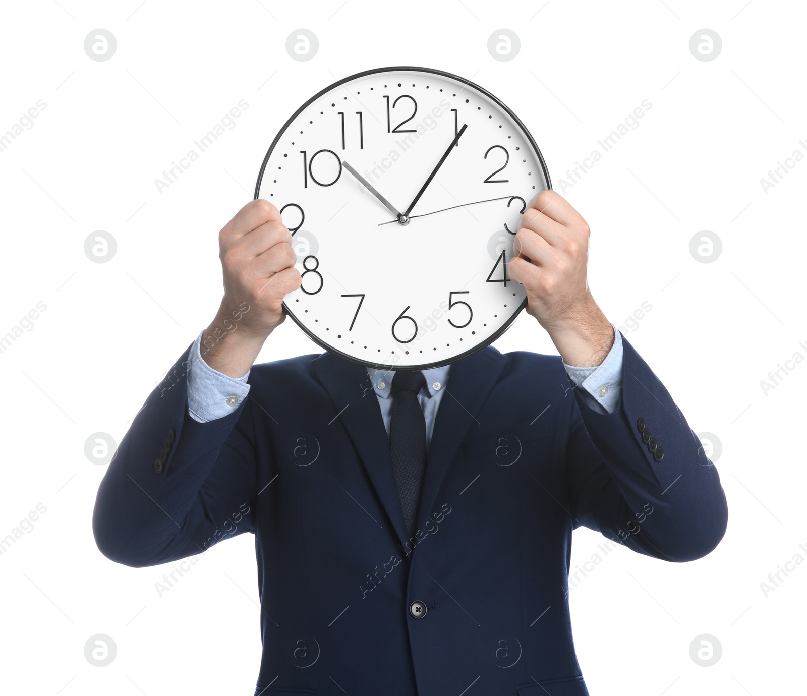 Photo of Businessman holding clock on white background. Time management