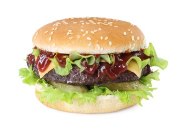 Photo of Burger with delicious patty isolated on white