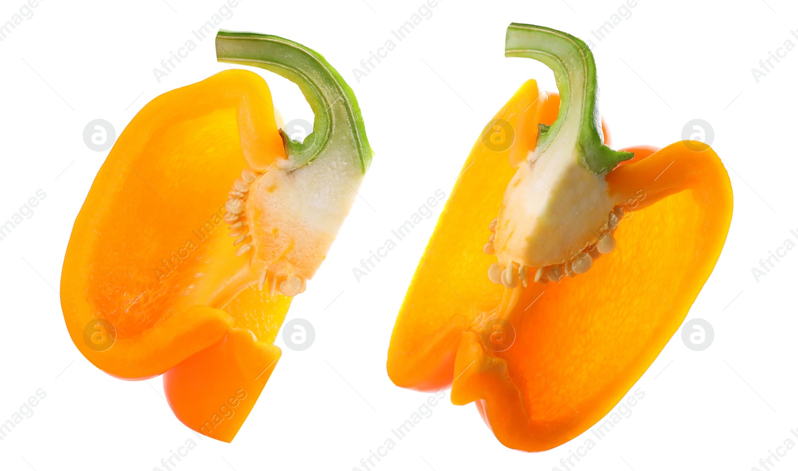Image of Cut ripe orange bell peppers on white background