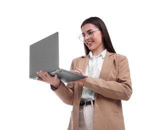 Photo of Beautiful businesswoman using laptop on white background, low angle view