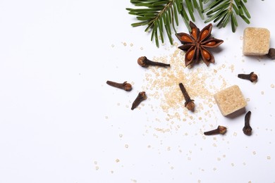 Different spices and fir branches on white table, flat lay. Space for text