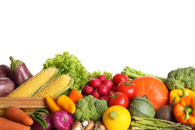 Photo of Pile of different fresh vegetables on white background