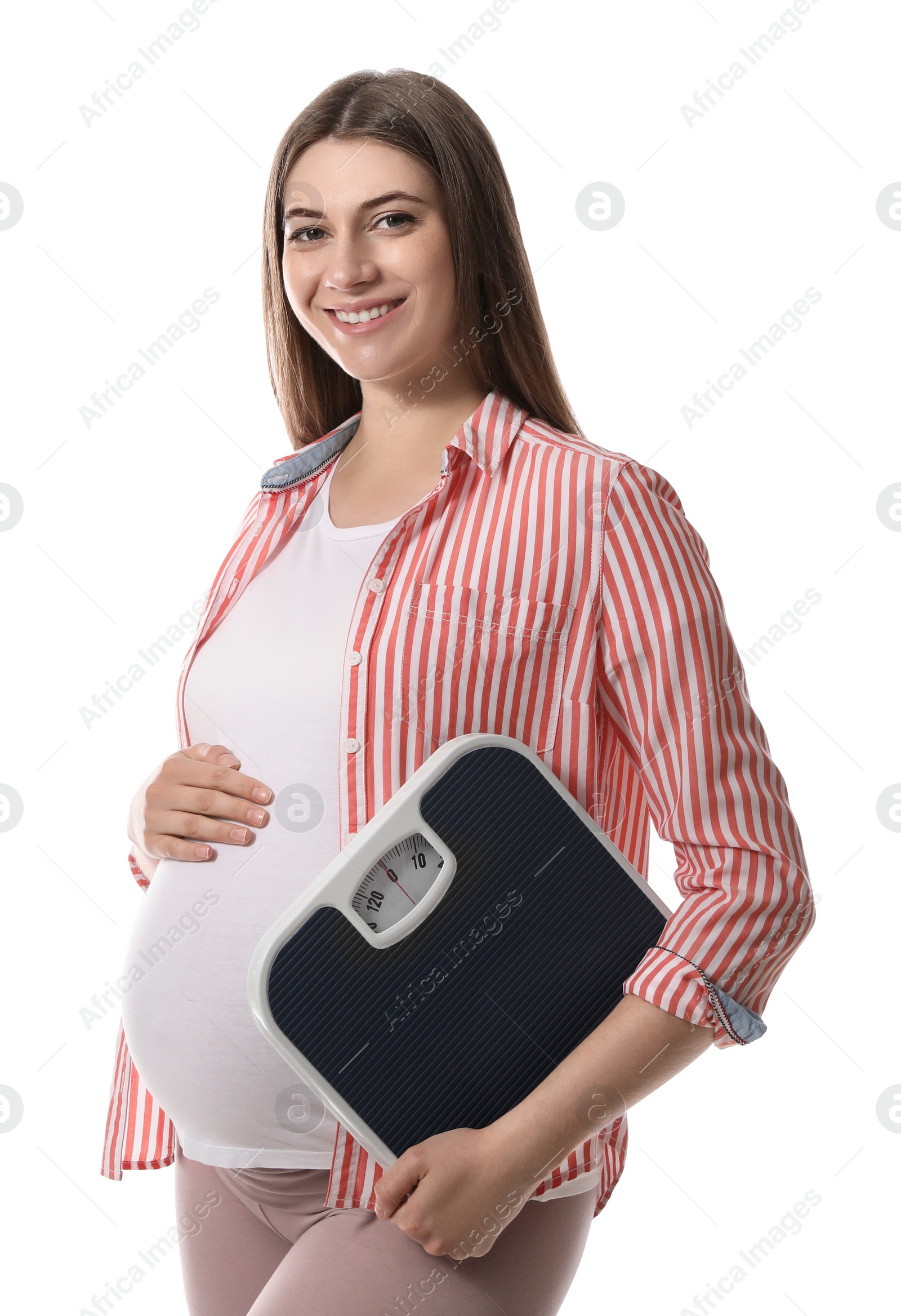 Photo of Pregnant woman with scales on white background