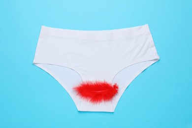 Photo of Woman's panties with red feather on light blue background, top view. Menstrual cycle