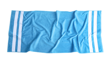 Photo of Blue towel isolated on white, top view. Beach accessory