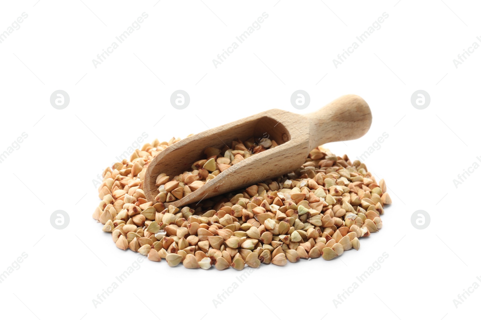 Photo of Scoop with pile with green buckwheat isolated on white