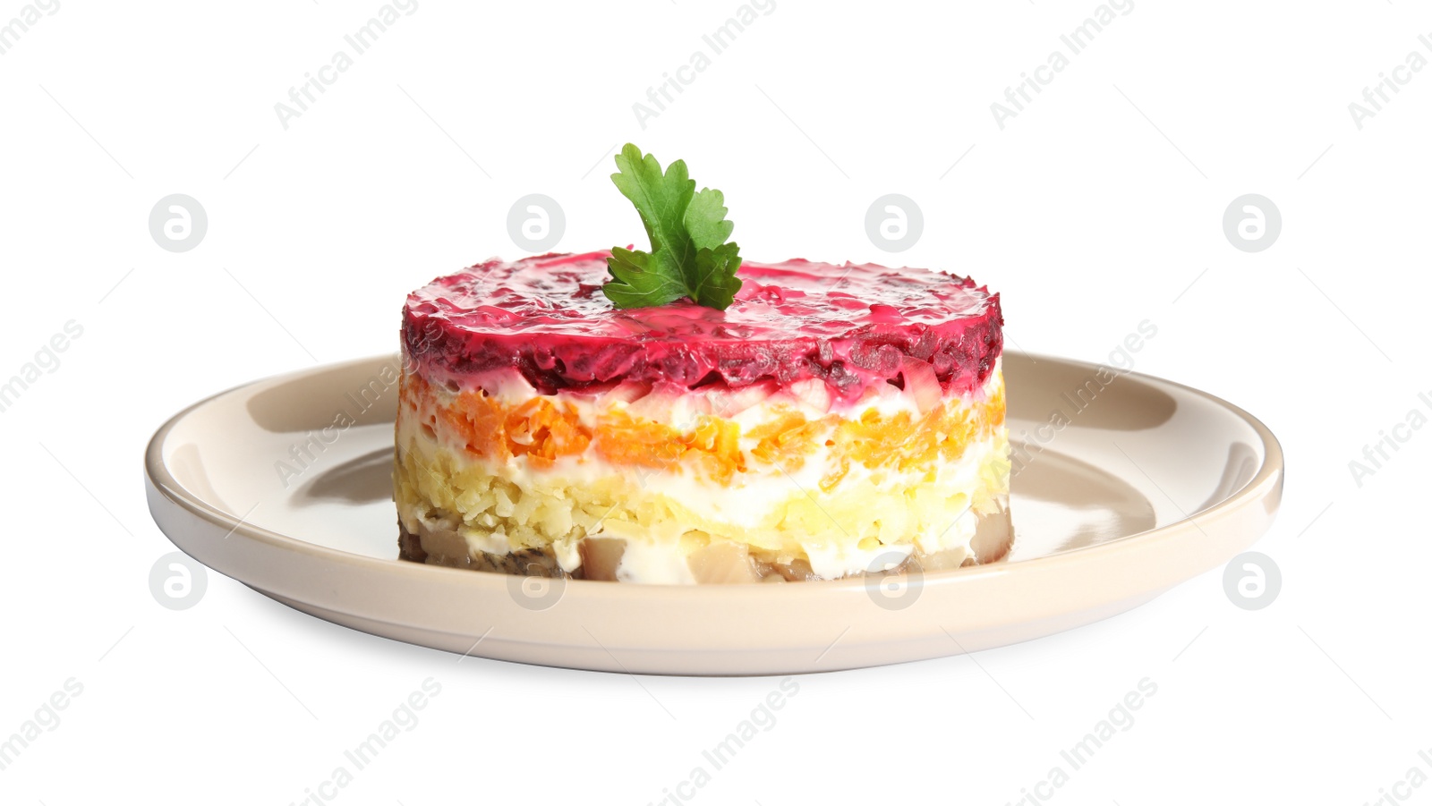 Photo of Herring under fur coat isolated on white. Traditional russian salad