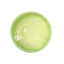 Photo of Jar of aloe gel isolated on white, top view
