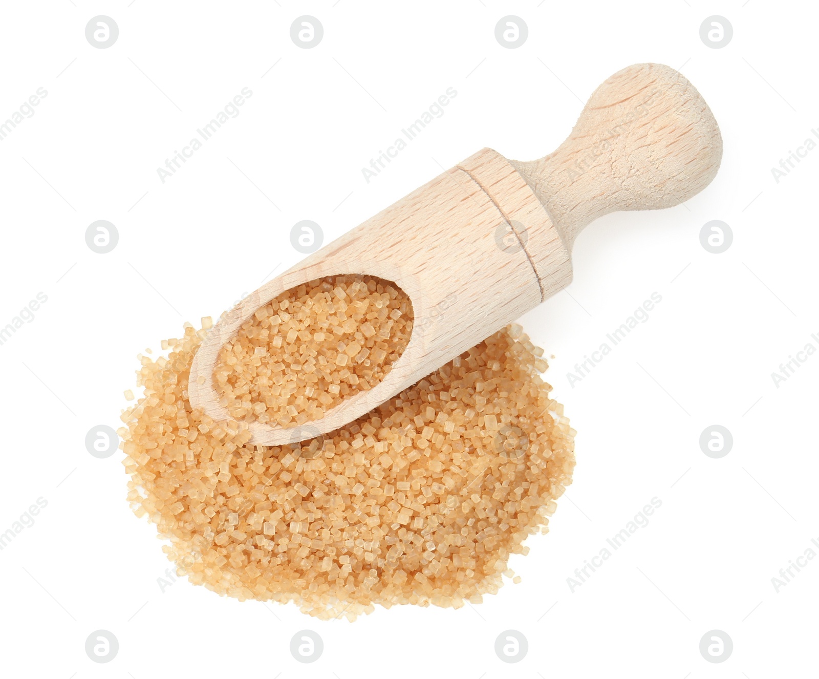 Photo of Pile of brown sugar and wooden scoop isolated on white, top view