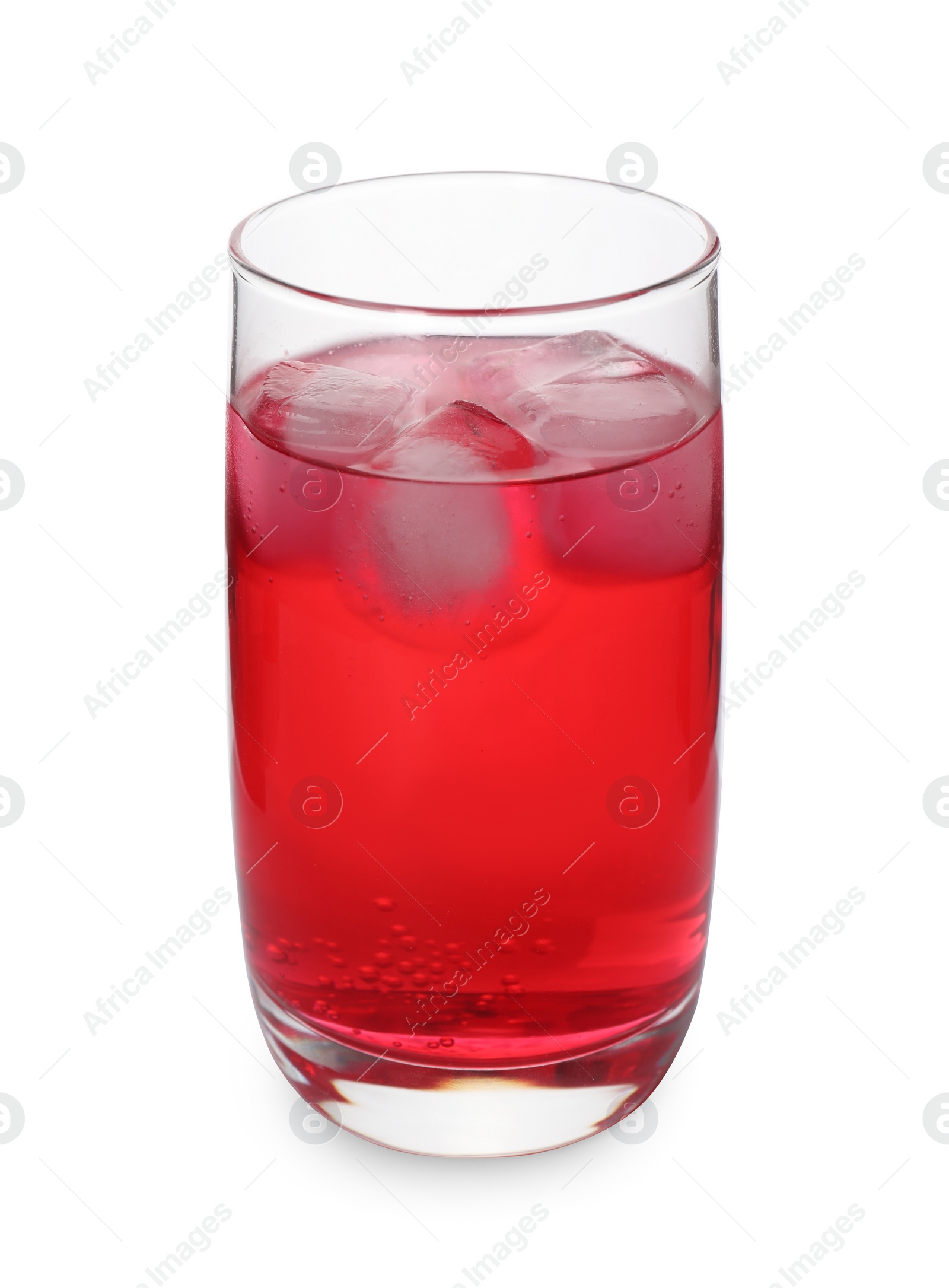 Photo of Glass of red soda water with ice cubes isolated on white