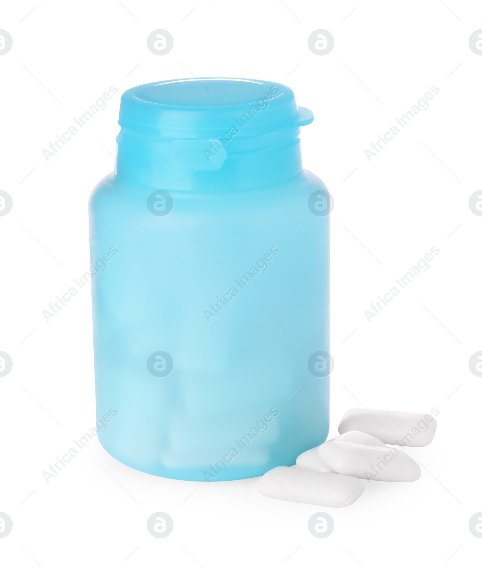 Photo of Light blue jar with chewing gums on white background