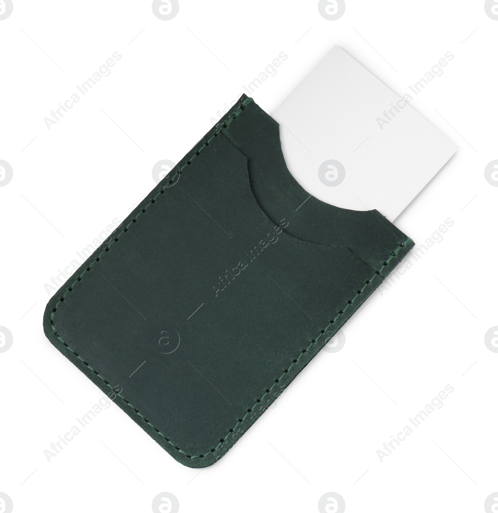 Photo of Leather business card holder with card isolated on white, top view