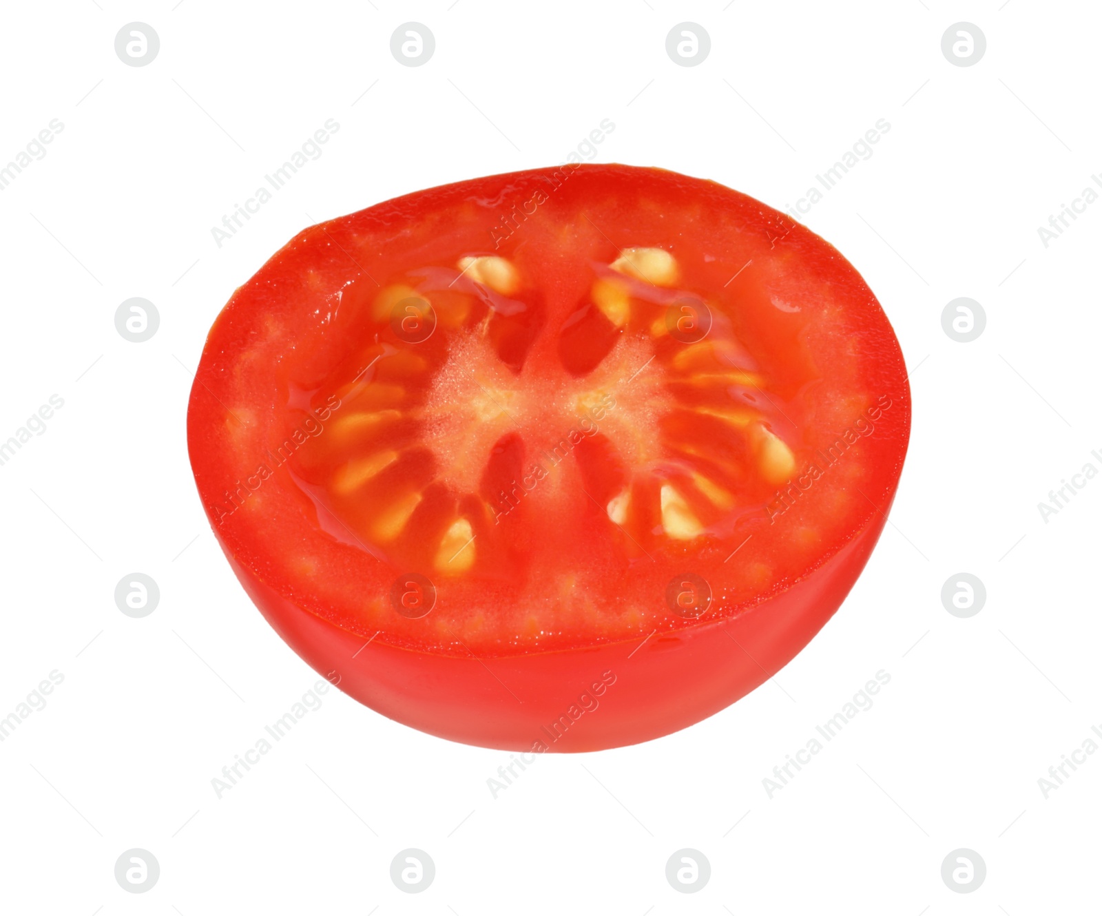 Photo of Half of ripe cherry tomato isolated on white