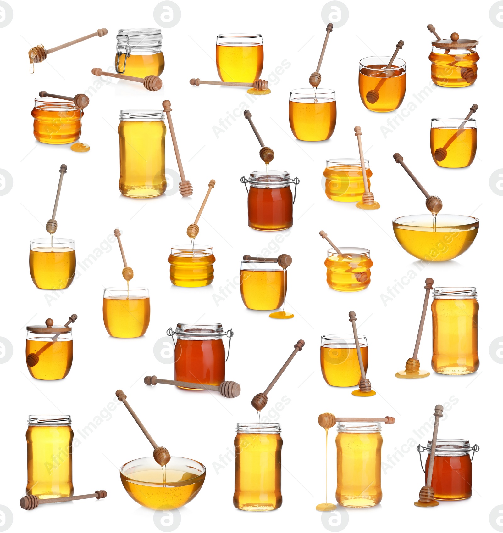 Image of Set of organic delicious honey on white background