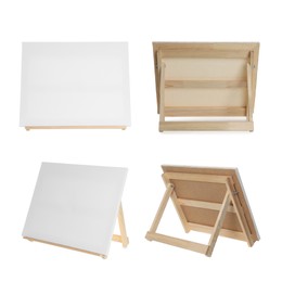 Image of Set with wooden easels on white background 