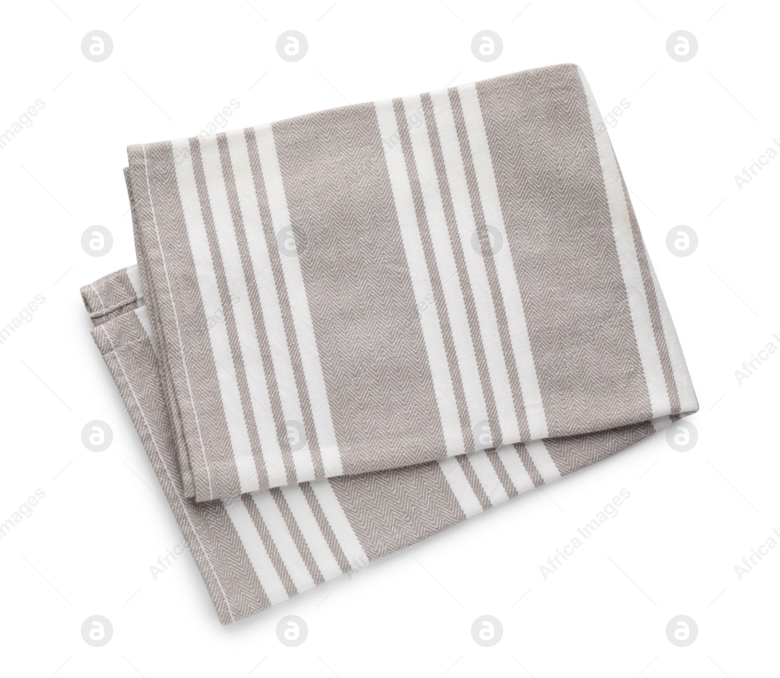 Photo of Grey striped kitchen towel isolated on white, top view