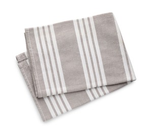 Photo of Grey striped kitchen towel isolated on white, top view