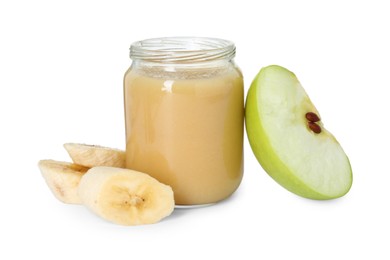 Photo of Tasty baby food in jar and fresh fruits isolated on white