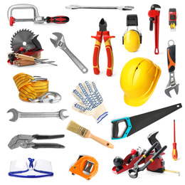 Set with different construction and carpenter tools on white background