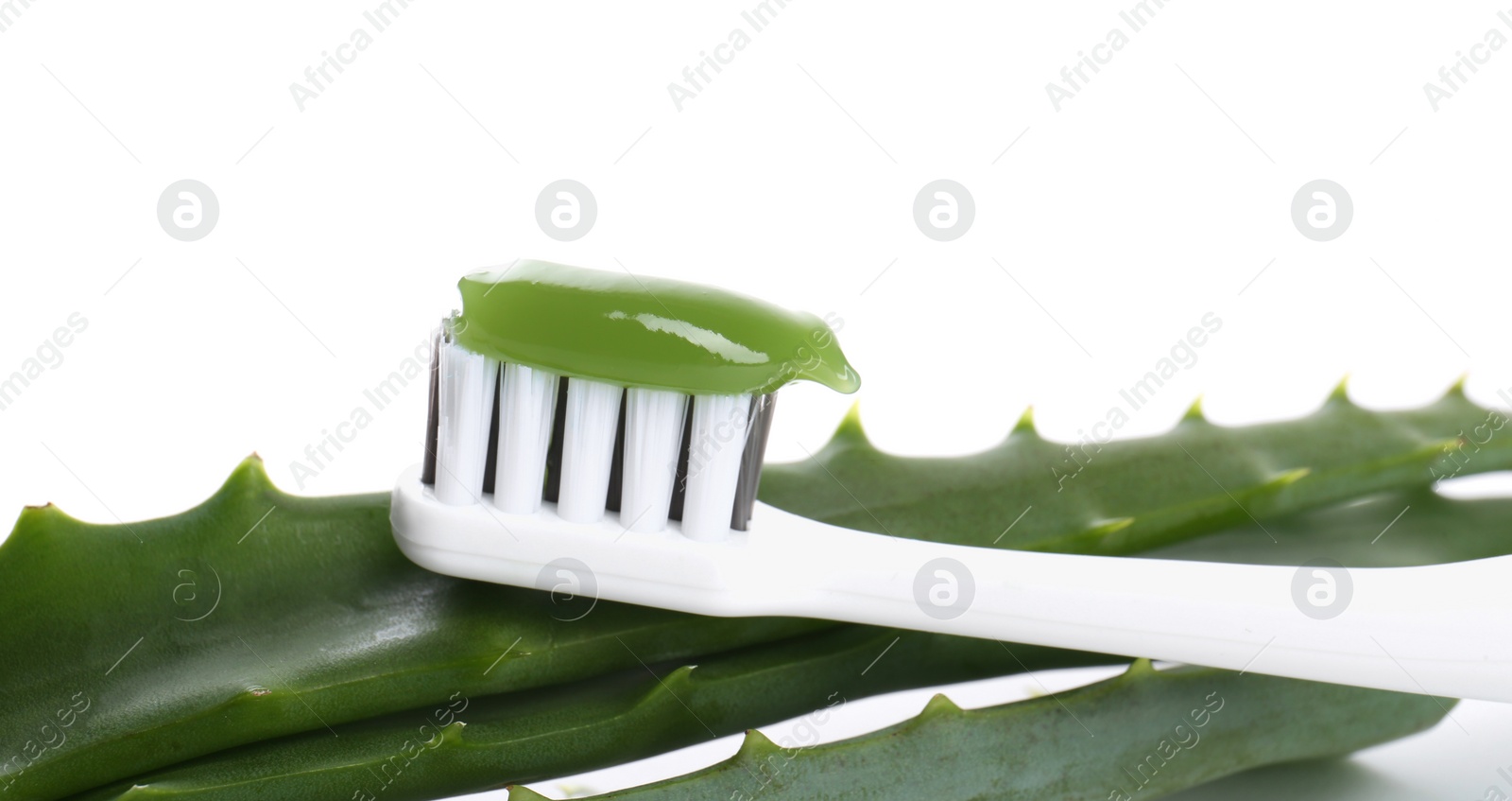 Photo of Brush with toothpaste and green aloe leaves on white background