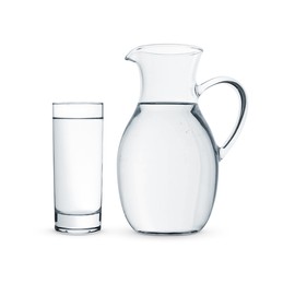 Glass and jug with water isolated on white