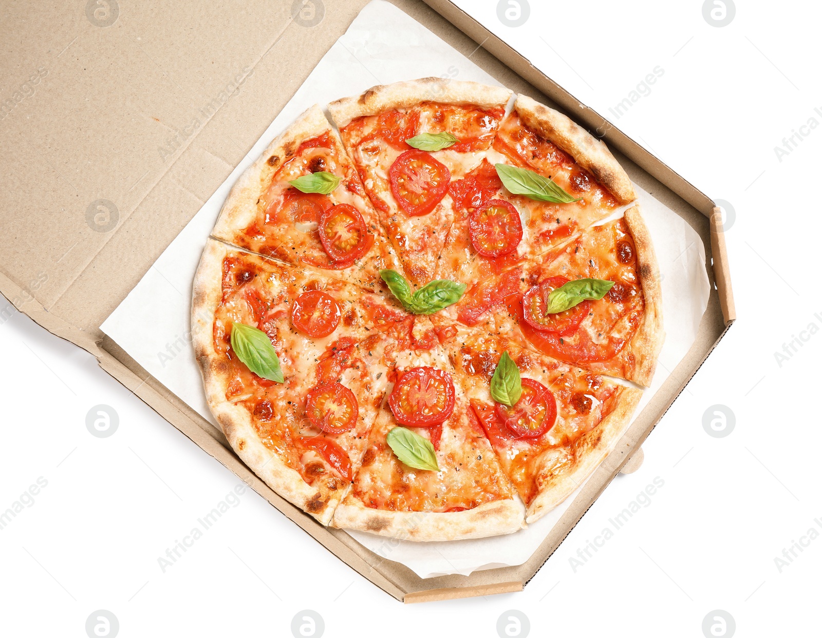 Photo of Delicious hot pizza Margherita in box isolated on white, top view