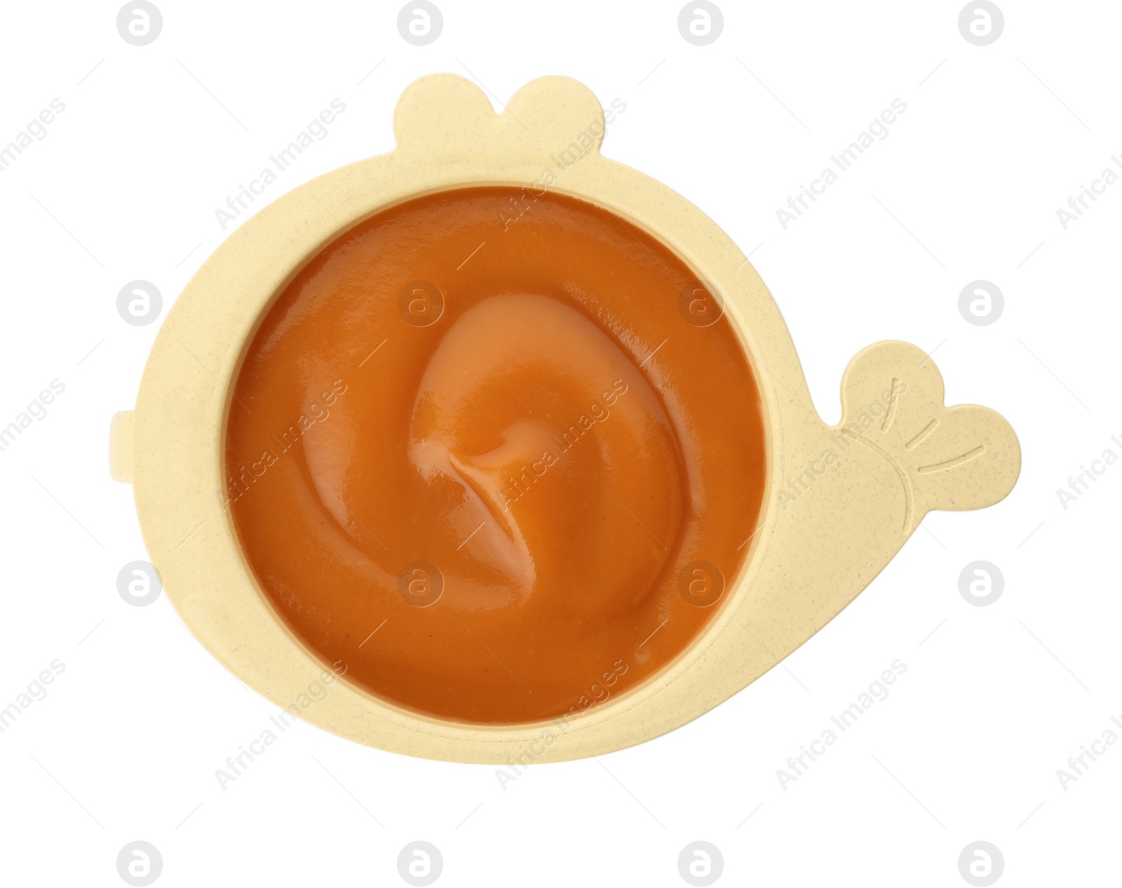Photo of Bowl of tasty pureed baby food isolated on white, top view