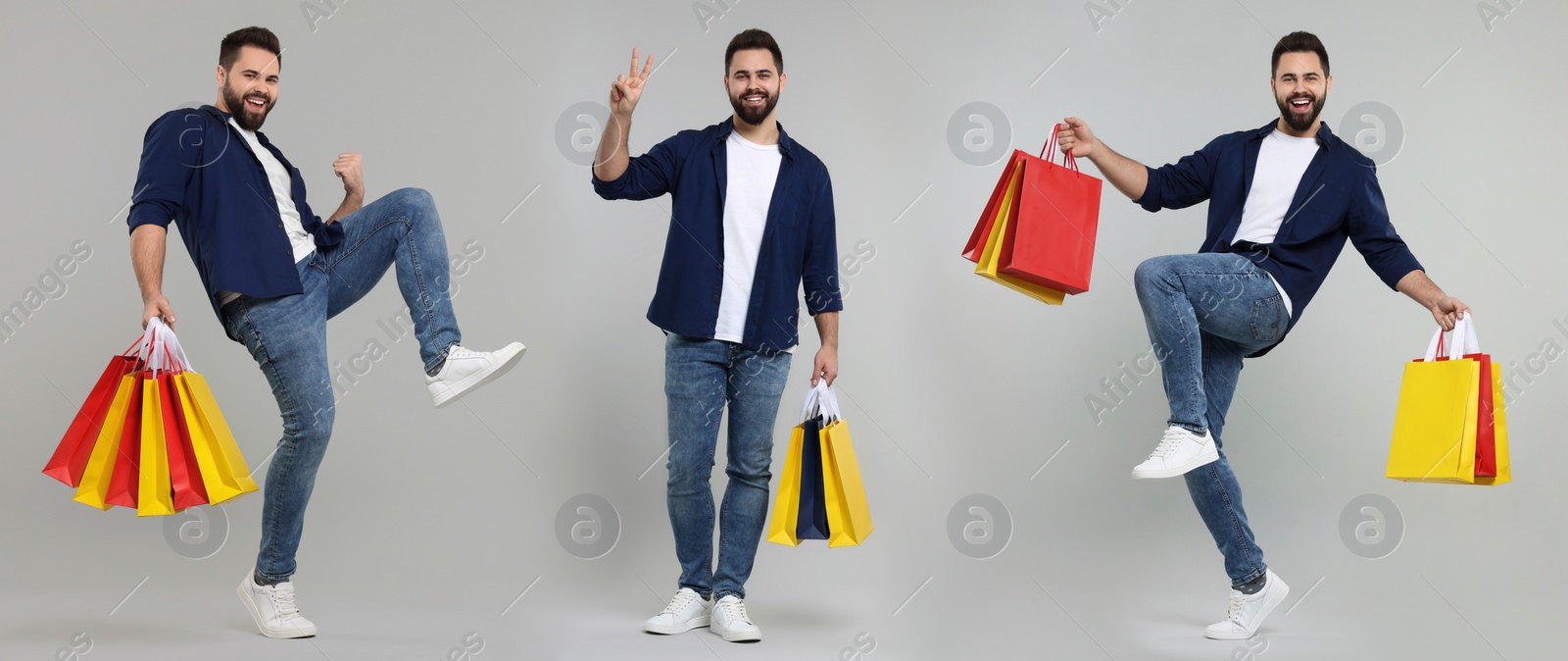 Image of Happy man with shopping bags on grey background, set with photos