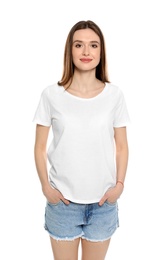 Young woman in t-shirt on white background. Mock up for design