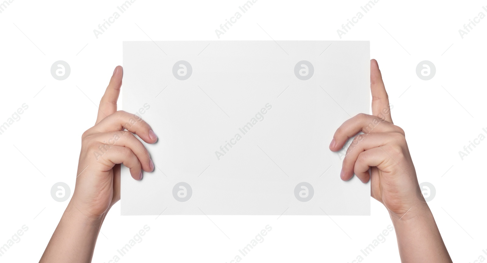 Photo of Woman holding sheet of paper on white background, closeup. Mockup for design