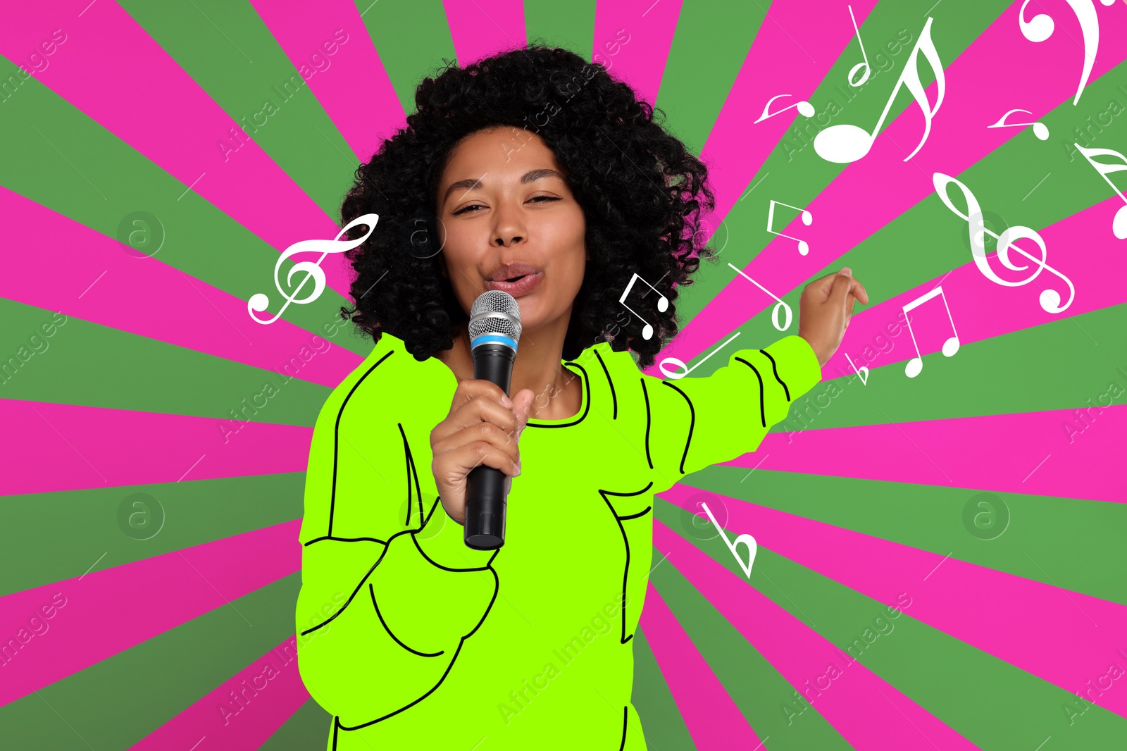 Image of Attractive woman in drawn clothes singing on bright background. Creative collage for poster